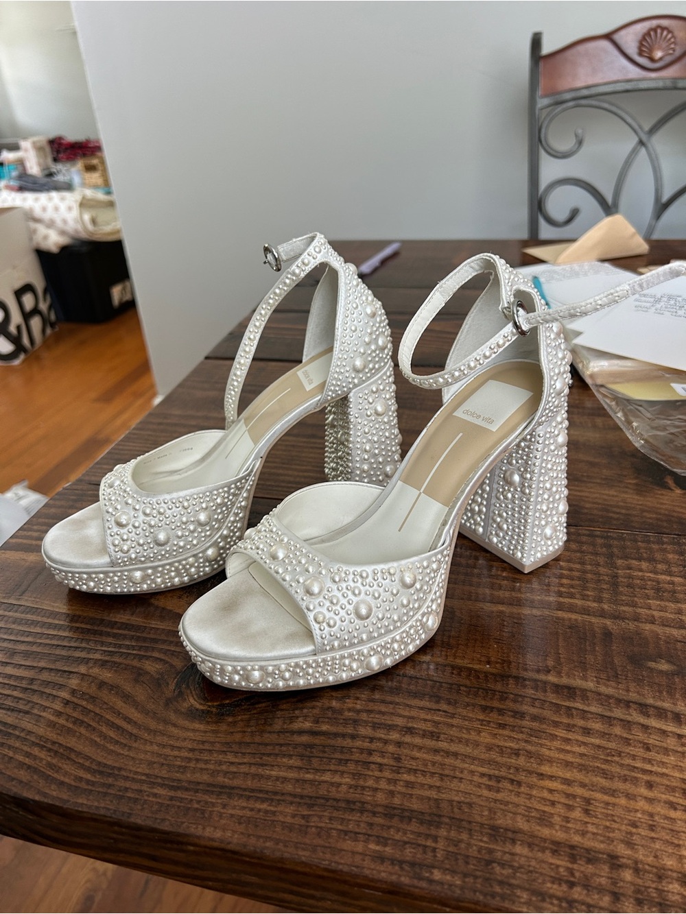 Dolce Vita Pearl-Embellished White Platform Heels